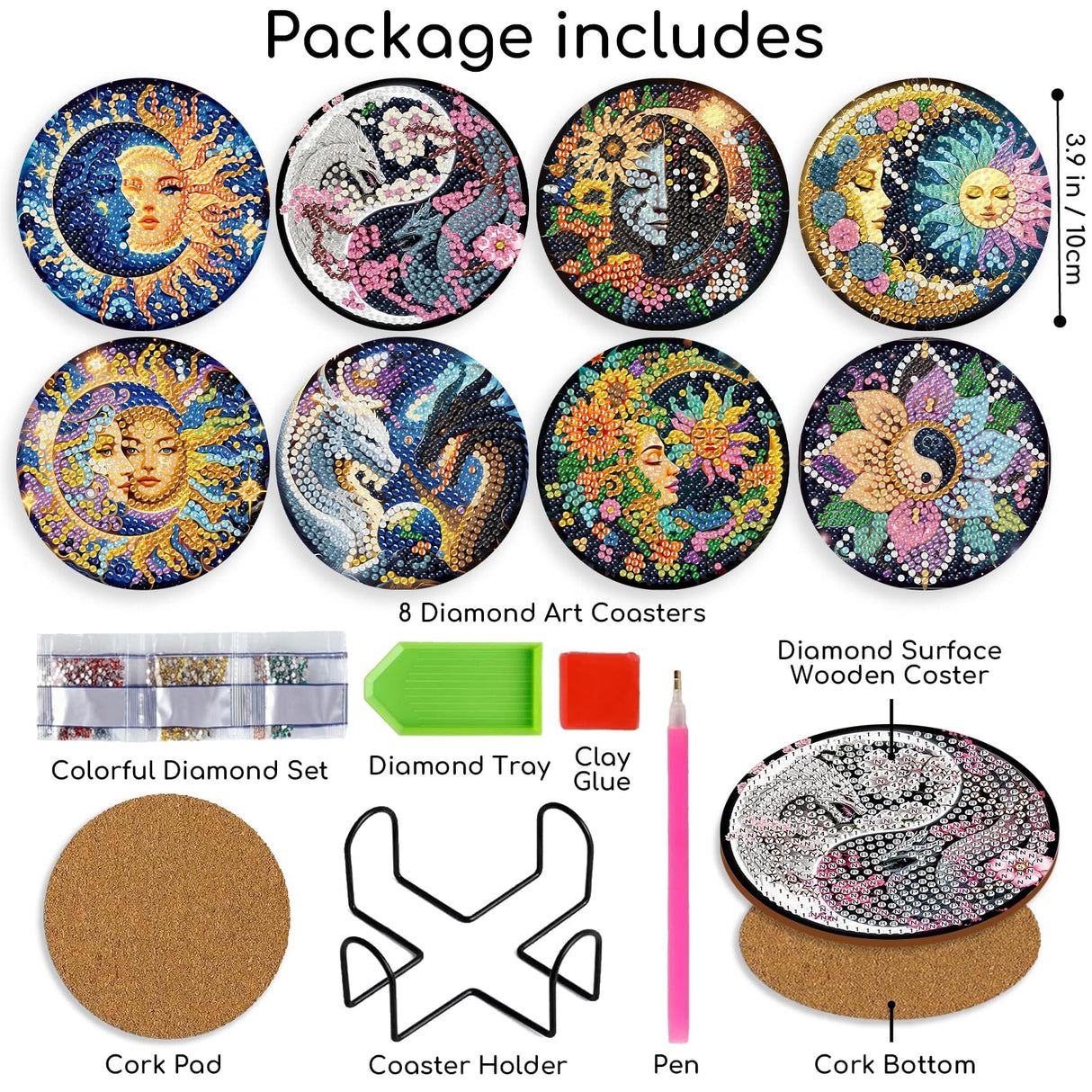 8 PCS Sun and Moon Diamond Art Coasters-Sun Diamond Painting Coasters Kits with Holder, DIY Moon Coaster Kit with Cork Bases for Adults Beginners as Gift Home Decors HITO