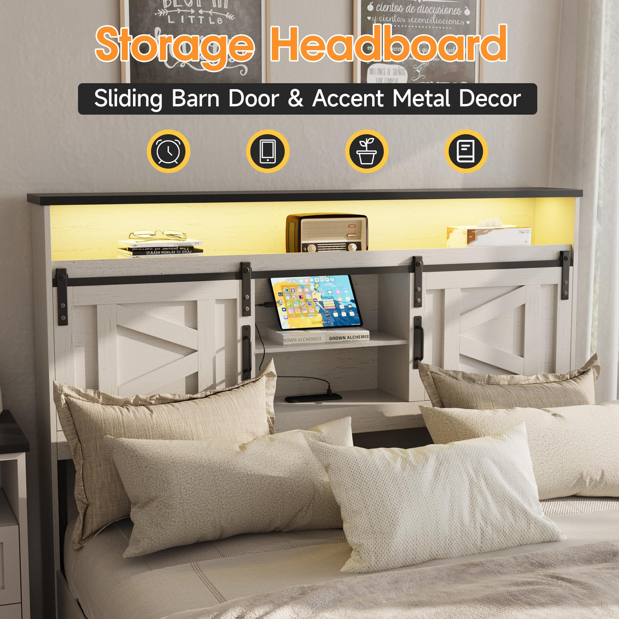 Fameill Antique White Farmhouse Queen Bed Frame with 4 Drawers, Bookcase Headboard, LED Lights & Charging Station Fameill