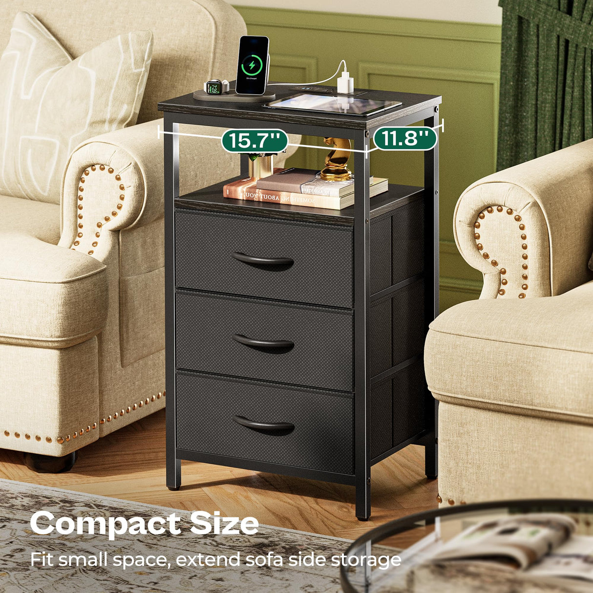 Huuger Night Stand with Charger Station and LED Lights, 3 Drawer Nightstand, Bed Side Table with Open Shelf, End Table, Tall Fabric Dresser for Bedroom, Black Huuger