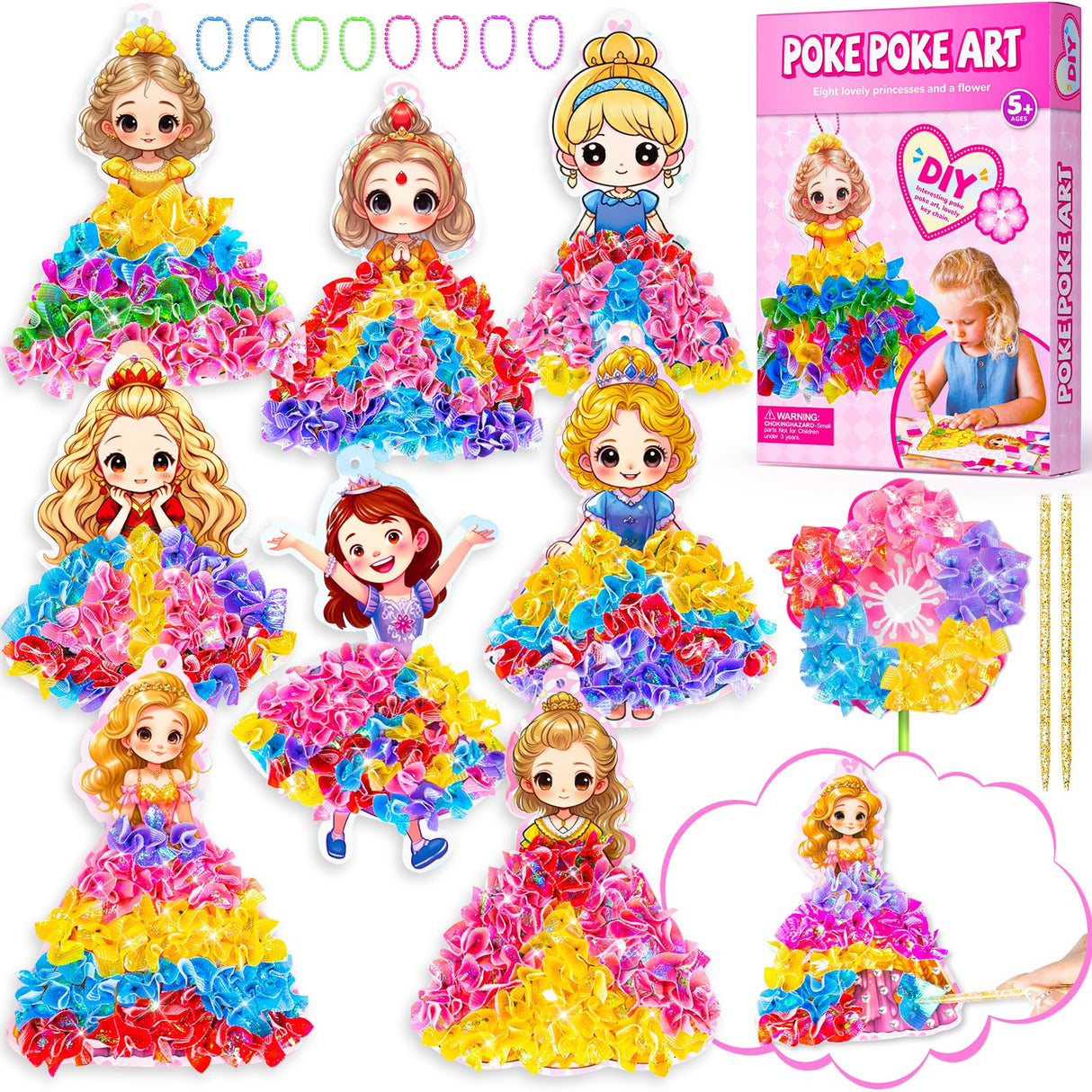 RIEYON Poke Poke Art - Magical Princesses Kits for Kids, 8 Princesses & 1 Flower Arts and Crafts Mess Free DIY Creative Activity Kits, Birthday Christmas Gifts for Girls & Boys Ages 5, 6, 7, 8, 9,10 RIEYON
