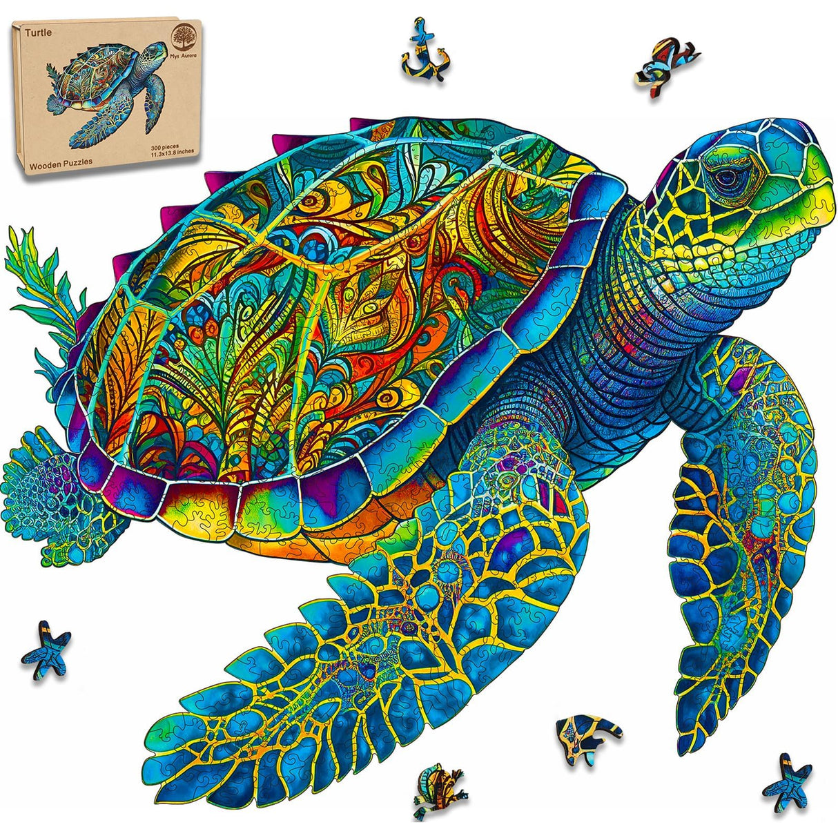 MYS Aurora Wooden Puzzles, Sea Turtle Jigsaw Puzzles 200 Pieces, Unique Shaped Wooden Puzzle for Adults and Kids, Birthday Gift Family Game 9.2 x 11.2 Inch Mys Aurora
