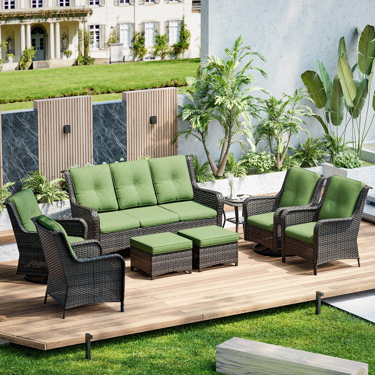 Joyside Wicker Patio Furniture Sets 8 Piece Set with 3-Seat Sofa, 2 Swivel Rocking Armchairs, 2 Armchairs, 2 Ottoman and 1 Side Table Wicker Outdoor Conversation Set(Brown Mixed Gray/Green) Joyside