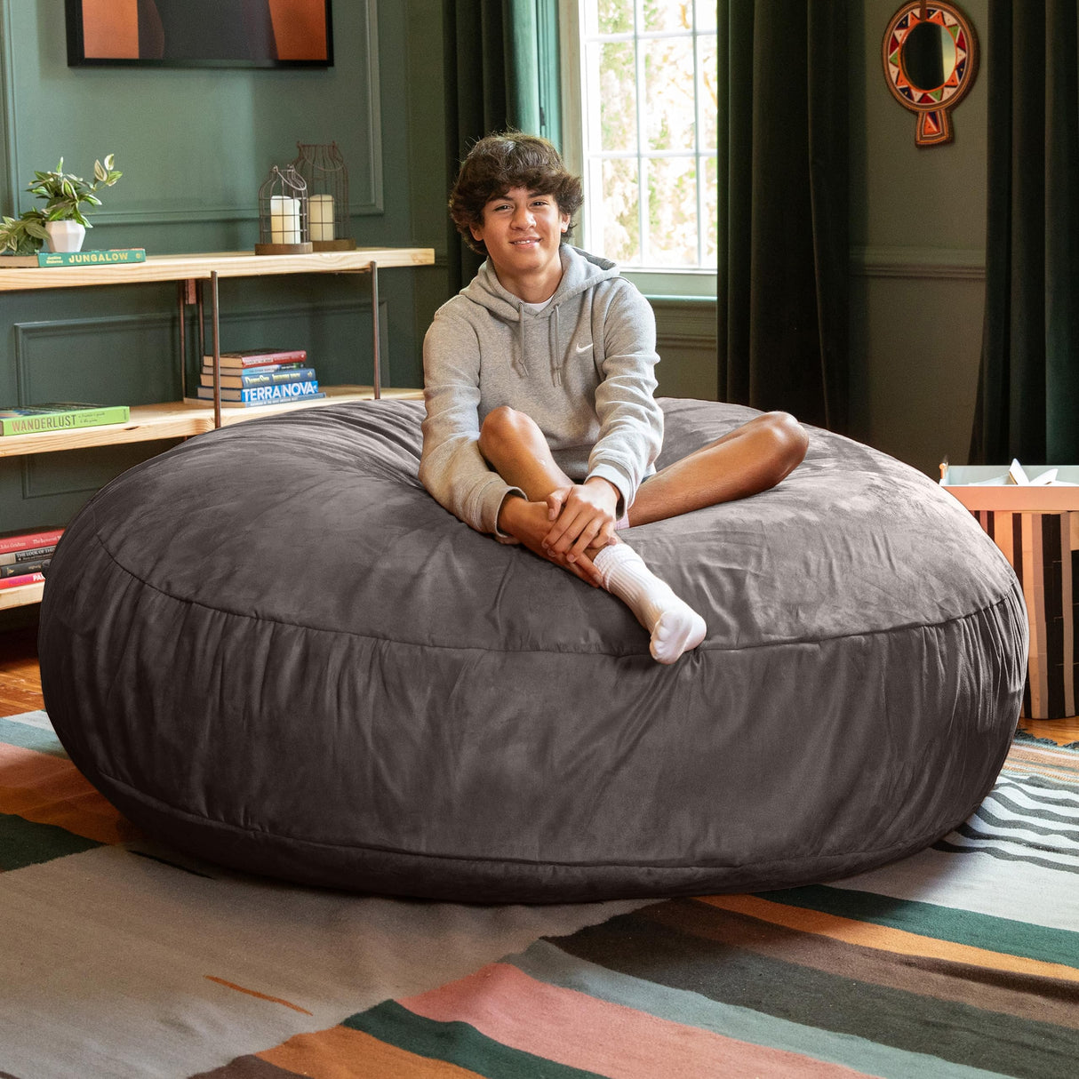 Jaxx 6 Foot Cocoon - 2-in-1 Convertible Bean Bag Bed & Large Bean Bag Chair for Adults, Charcoal Jaxx