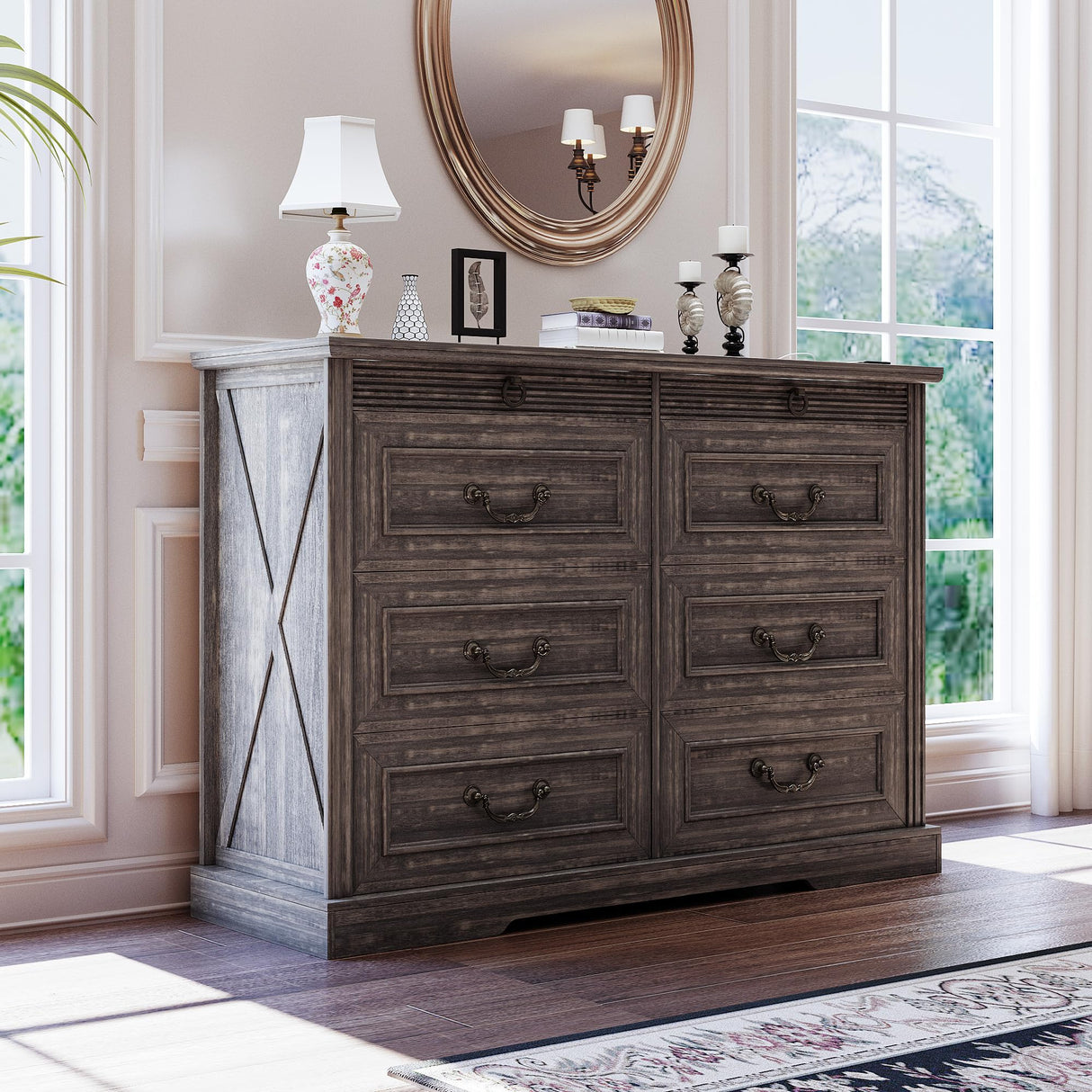 Lareth Farmhouse 6 Drawer Dresser for Bedroom 47 inch Wooden Double Chest of Drawers with Glass Top LED Light Charging Station One Secret Drawer Bedroom Closet Dresser Tv Stand for Living Room, Brown Lareth