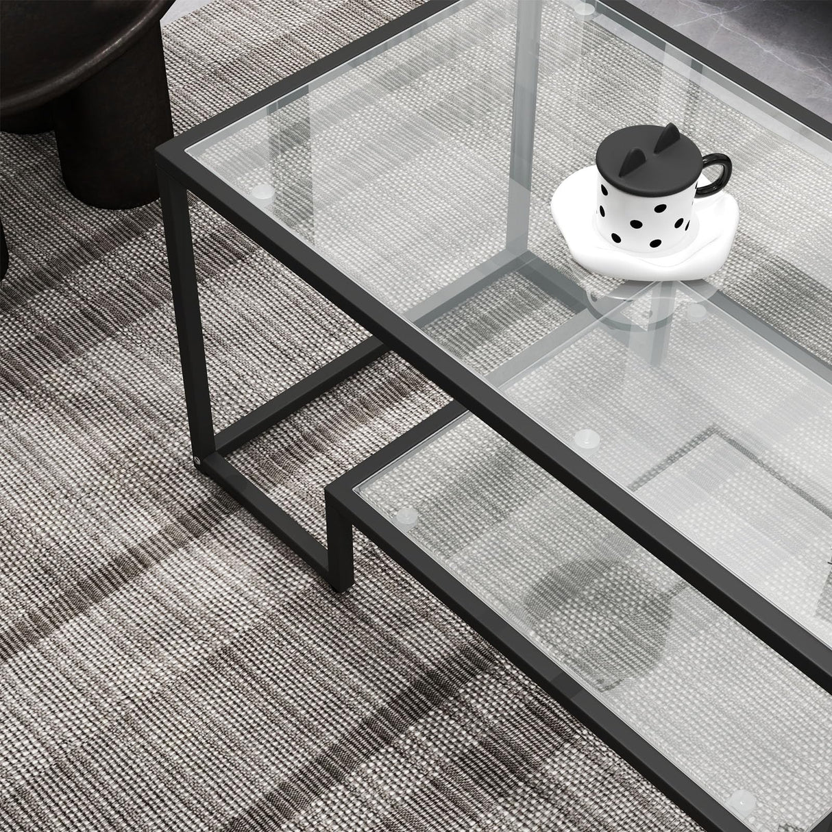 Kebynti 42" Rectangular Glass Coffee Table for Living Room, 2-Tier Center Tea Table with Metal Frame for Small Space, Apartment, Office (Black) Kebynti