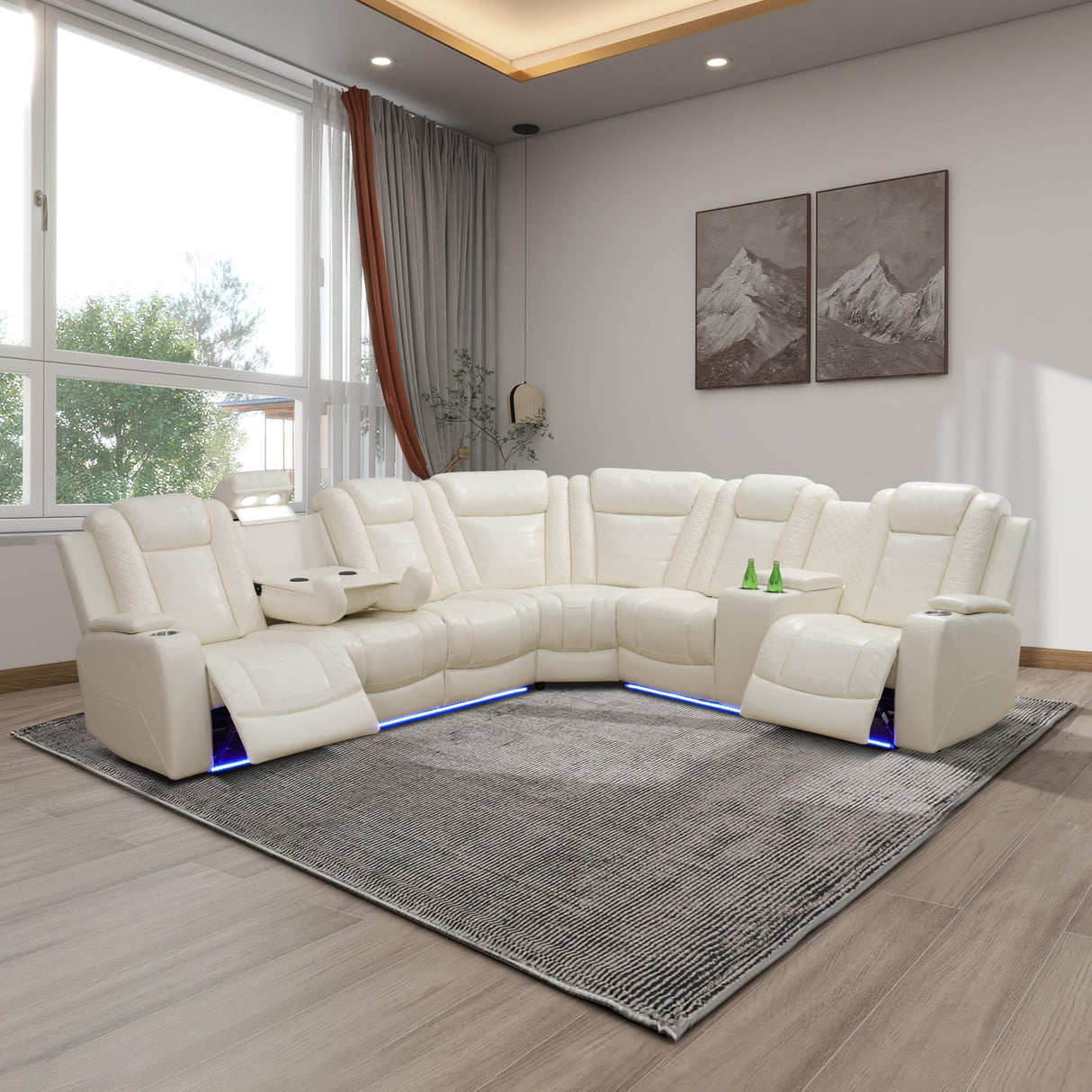 Ocstta Power Reclining Sectional Sofa Breathing Leather Sectional with Recliner, LED Light, Cup Holders and Storage 6 Seats L Shaped Recliner Couch for Home Theater Seating (Cream White) Ocstta