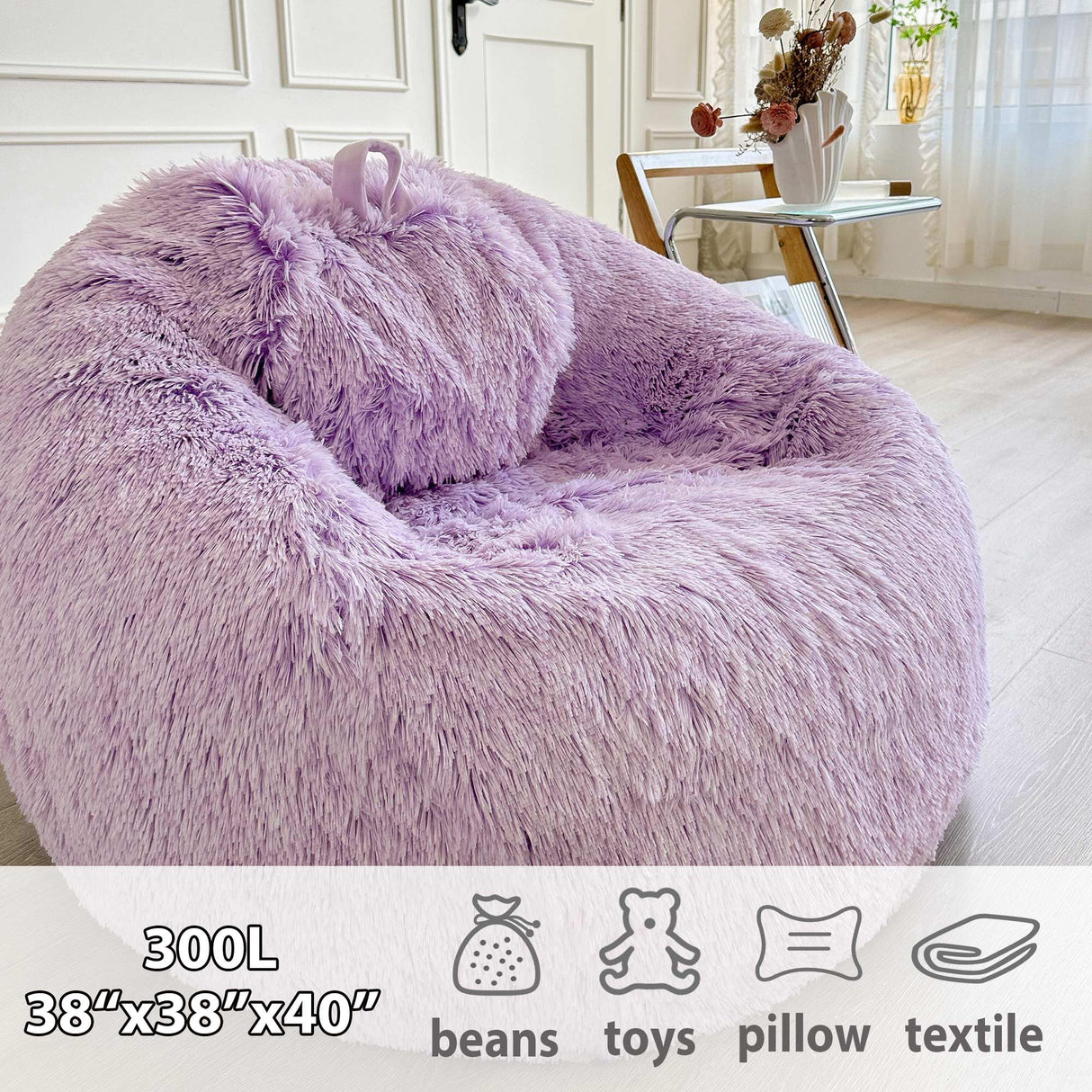 LIFEREVO Fluffy Faux Fur Bean Bag Chair Cover (No Filler), Ultra-Soft Light Purple Stuffed Animal Storage Bean Bag Cover, Anti-Slip Fuzzy Gaming Bean Bag Cover for for Kids Adults (Ombre Lavender) LIFEREVO