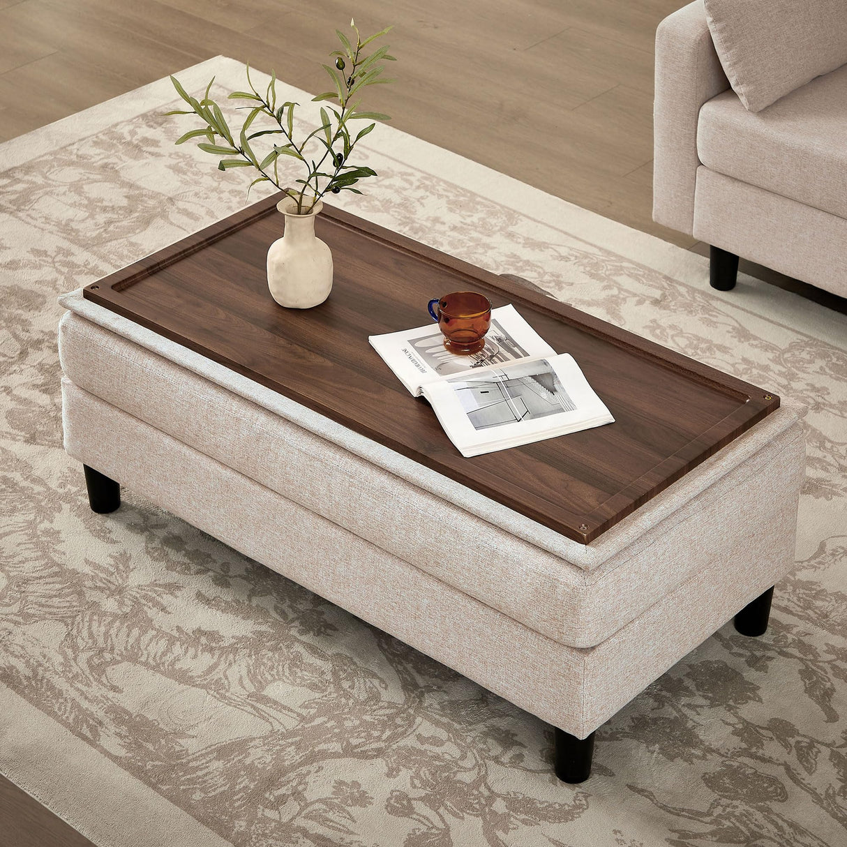 Pingliang Home 101" Convertible Sectional Sofa with Ottoman Coffee Table, Modern Linen Fabric U-Shaped Couch with Storage Pocket, 4 Seat Sofa Couches for Living Room, Apartment, Office, Beige Pingliang Home