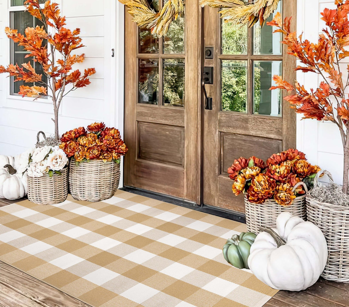 Khaki and White Outdoor Rug 3'x5', Fall Outdoor Porch Rug Cotton Woven Washable Farmhouse Indoor Outdoor Doormat for Front Porch Hello Welcome Layered/Entryway/Bedroom/Living Room/Patio KIhipIoe