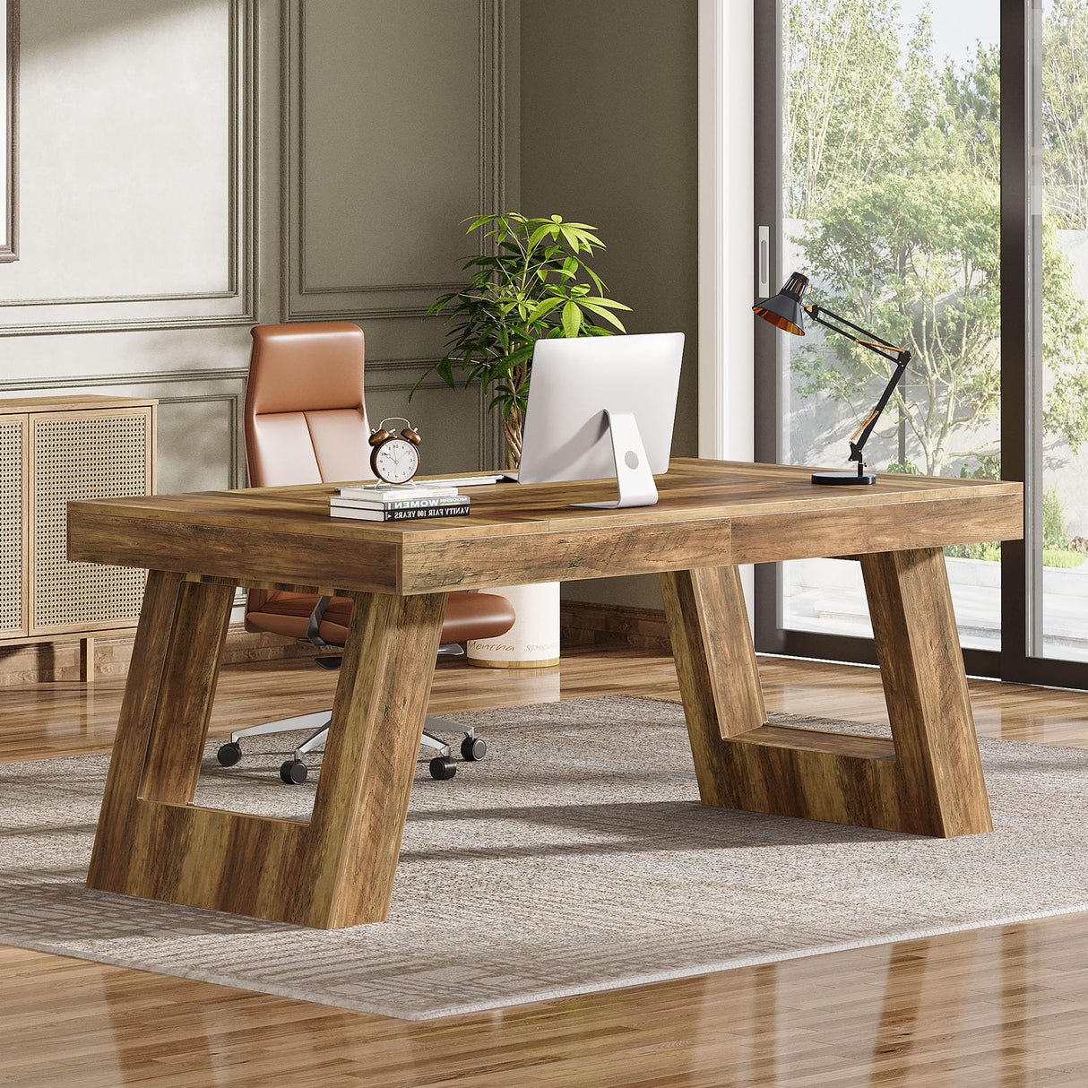 Tribesigns 63 Inches Wood Executive Desk, Large Home Office Computer Desk with Double Pedestal, Industrial Study Writing Table, Business Workstation for PC Laptop, Rustic Brown Tribesigns