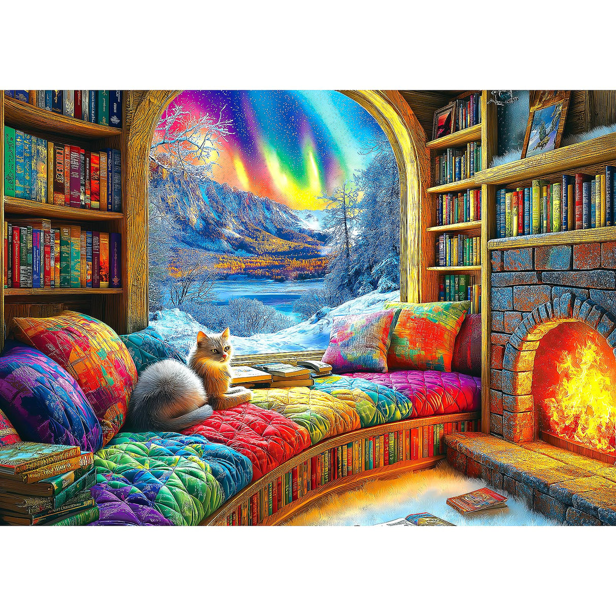 Northern Lights Landscape Jigsaw Puzzles for Adults Fantasy Fairy Cat 1000 Piece Book Room Puzzle for Adults with Letters on Back Challenging Family Puzzle Blueforest