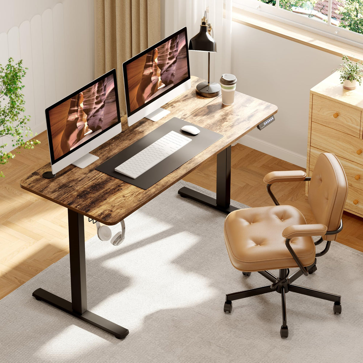 FitStand Adjustable Stand Up Desk Standing Desk, 55x24 Inches Home Office Desk with Memory Preset & Charging USB Port & Sedentary Reminder, Computer Workstation with Headphone Hook FitStand