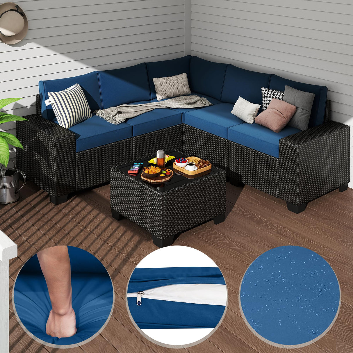 Aohanoi 6 Pieces Patio Furniture Set, Outdoor Sectional Set of 6 w/Wide Armrest, Waterproof Wicker Conversation Set for Backyard, Deck, Lake Blue Aohanoi