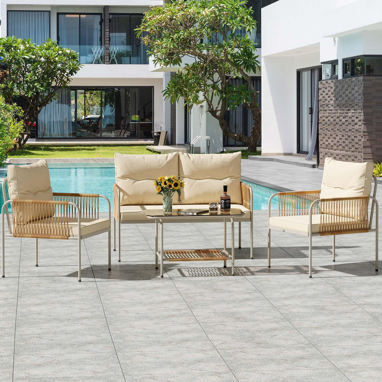 YITAHOME 4 Pieces Patio Furniture Set, Wicker Outdoor Conversation Set, All-Weather Rattan Bistro Set with Loveseat Set, Coffee Table and Cushions for Backyard, Balcony, Deck - Beige YITAHOME