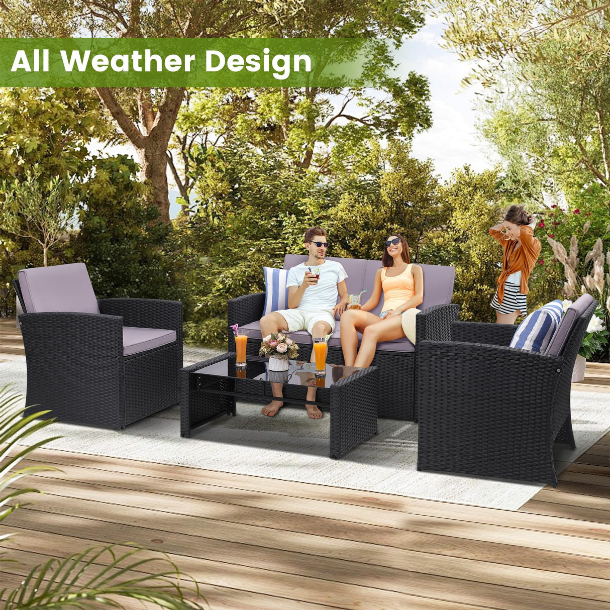 KROFEM 4 Pieces Patio Conversation Set, Outside Rattan Sectional Sofa, Cushioned Furniture Set, Wicker Sofa Ideal for Garden, Porch, Backyard, Black Color Rattan and Light Grey Cushion KROFEM