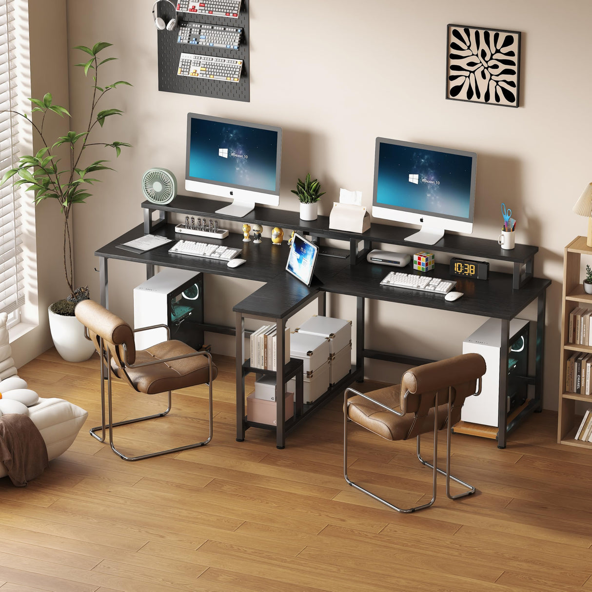 MUTUN Two Person Desk, 83.7 Inch Computer Office Double Desk with Monitor Stand and Power Outlets, Rustic Writing Desk Workstation with Shelves, Long Desk for Home Office, Black MUTUN