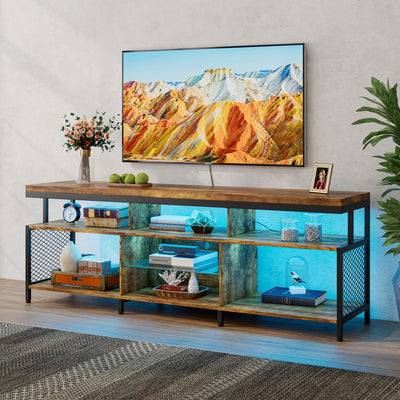 Algglobuy TV Stand for 65 75 Inch TV with LED Lights, Entertainment Center with Open Storage Tempered Glass Shelf & Power Outlets, Industrial TV Console Table for Living Room, Bedroom, Rustic Brown
