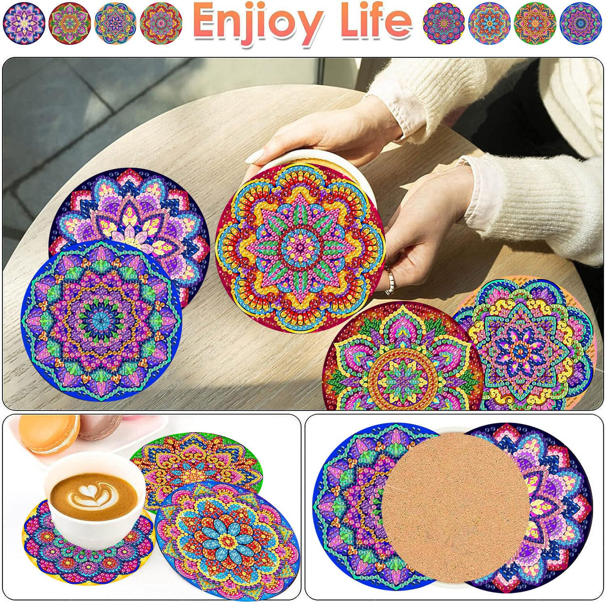 ijbnhd Mandala Diamond Painting Coasters Kit with Holder, DIY Diamond Art Coasters Cork Wooden Pad Board Double Layer is Strong and Wear-Resistant for Beginners Adults Art Craft Supplies Gift 4X4IN ijbnhd