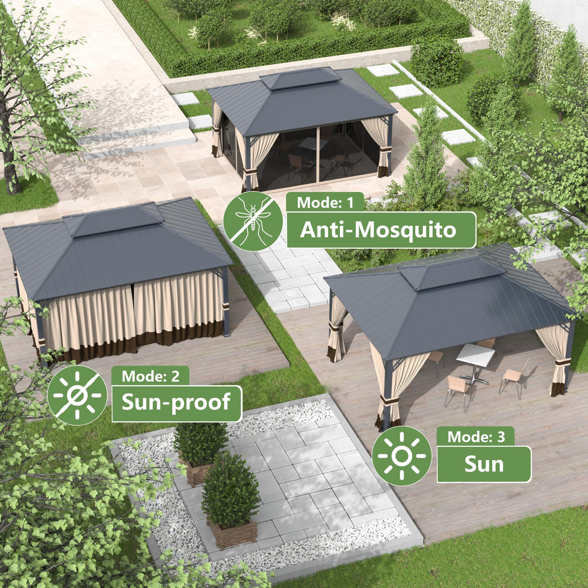 12' x 16' Hardtop Gazebo,Outdoor Galvanized Steel Metal Double Roof Gazebo with Curtains and Netting for Patios, Gardens, Lawns,Khaki Kullavik