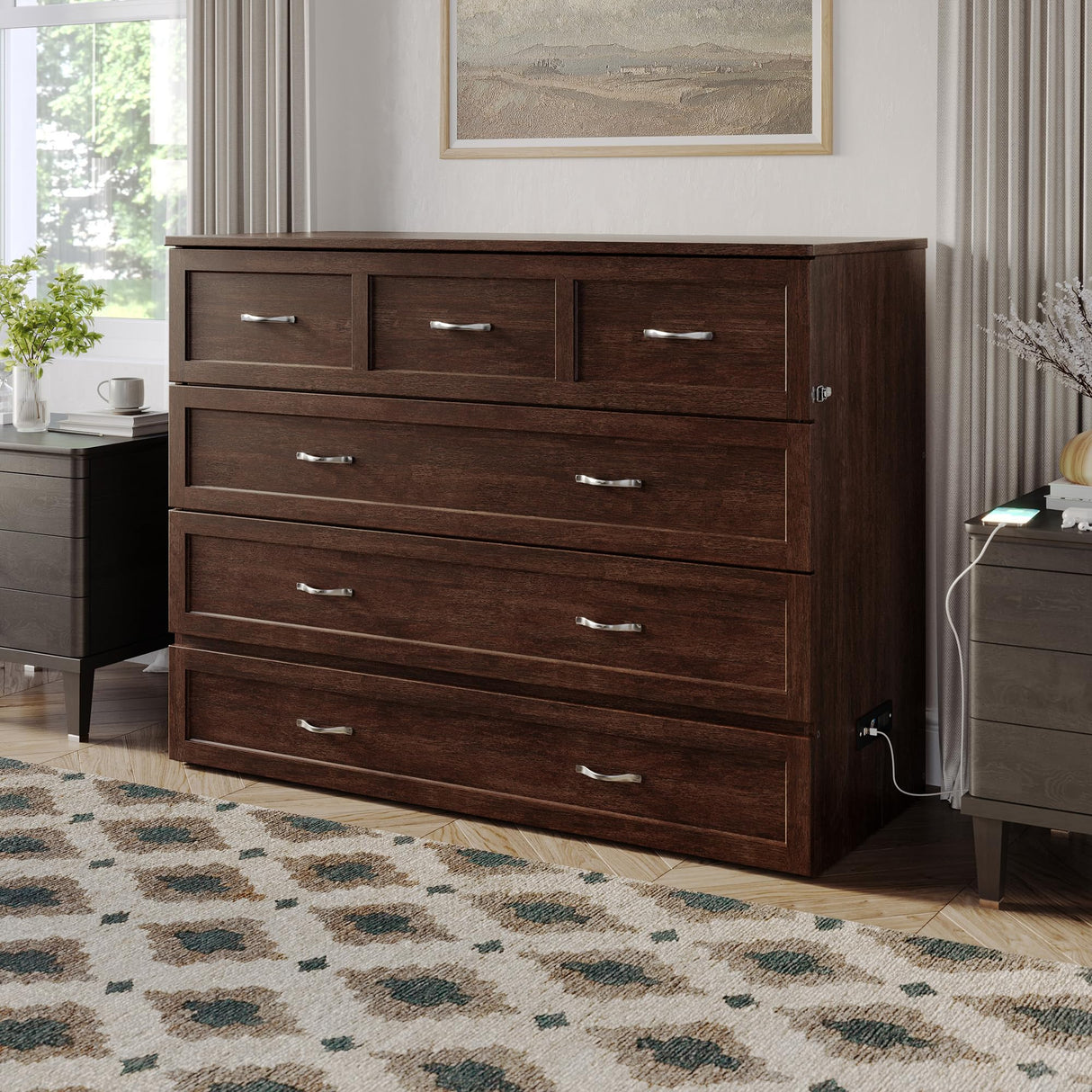 AFI, Northfield Murphy Bed Chest Full with 6" Mattress, Storage Drawer & Built-in USB Charger, Burnt Amber AFI