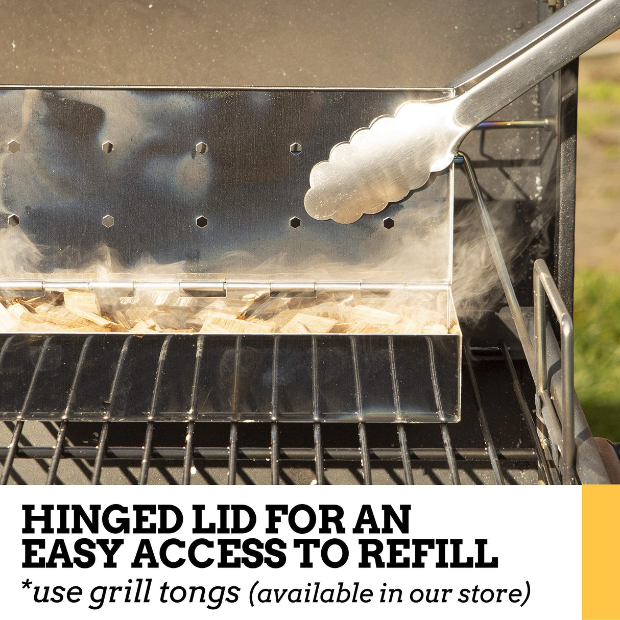 Mountain Grillers Smoker Box for Wood Chips Use a Gas or Charcoal BBQ Grill and Still Get That Delicious Smoky Barbecue Flavored Grilled Meat Hinged Lid for Easy Access polished finish stainless steel MOUNTAIN GRILLERS