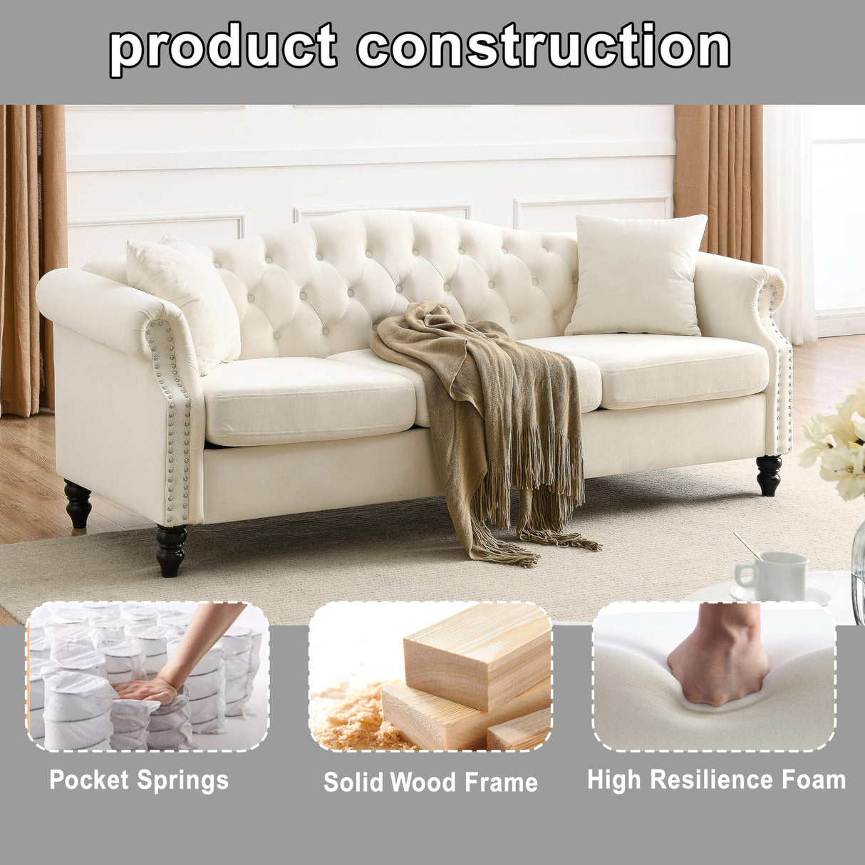 amervanito 2 Piece Modern Beige Velvet 79" 3-Seater Sofa Sets, Chesterfield Button Tufted Nailhead Combination Couch with 4 Pillows, Trimming Curved Backrest & Rolled Arm Sofa for Living Room amervanito