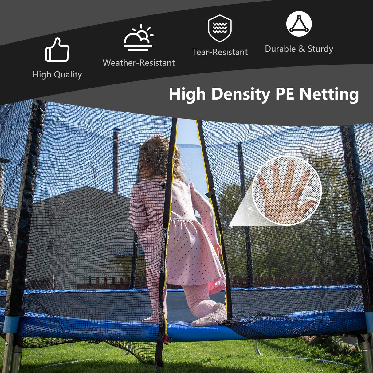 Goplus Trampoline Safety Net for 8FT 10FT 12FT 14FT 15FT 16FT Round Frame Trampoline, Weather-Resistant Replacement Enclosure Net with Double-Headed Zipper, Hooks, Net Only (15FT-6 Poles-19 Hooks) Goplus