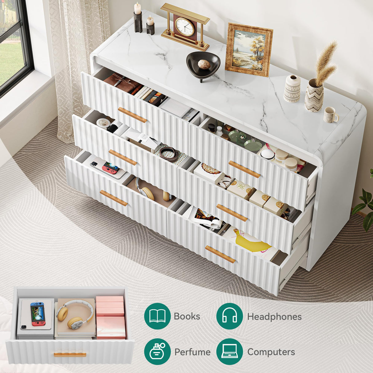 YITAHOME 6-Drawer Dresser with Built-in Power Outlet, Wood TV Stand with 6 Large Drawers and Bar Handles, White Dresser Chest of Drawers for Living Room, Hallway, Entryway YITAHOME