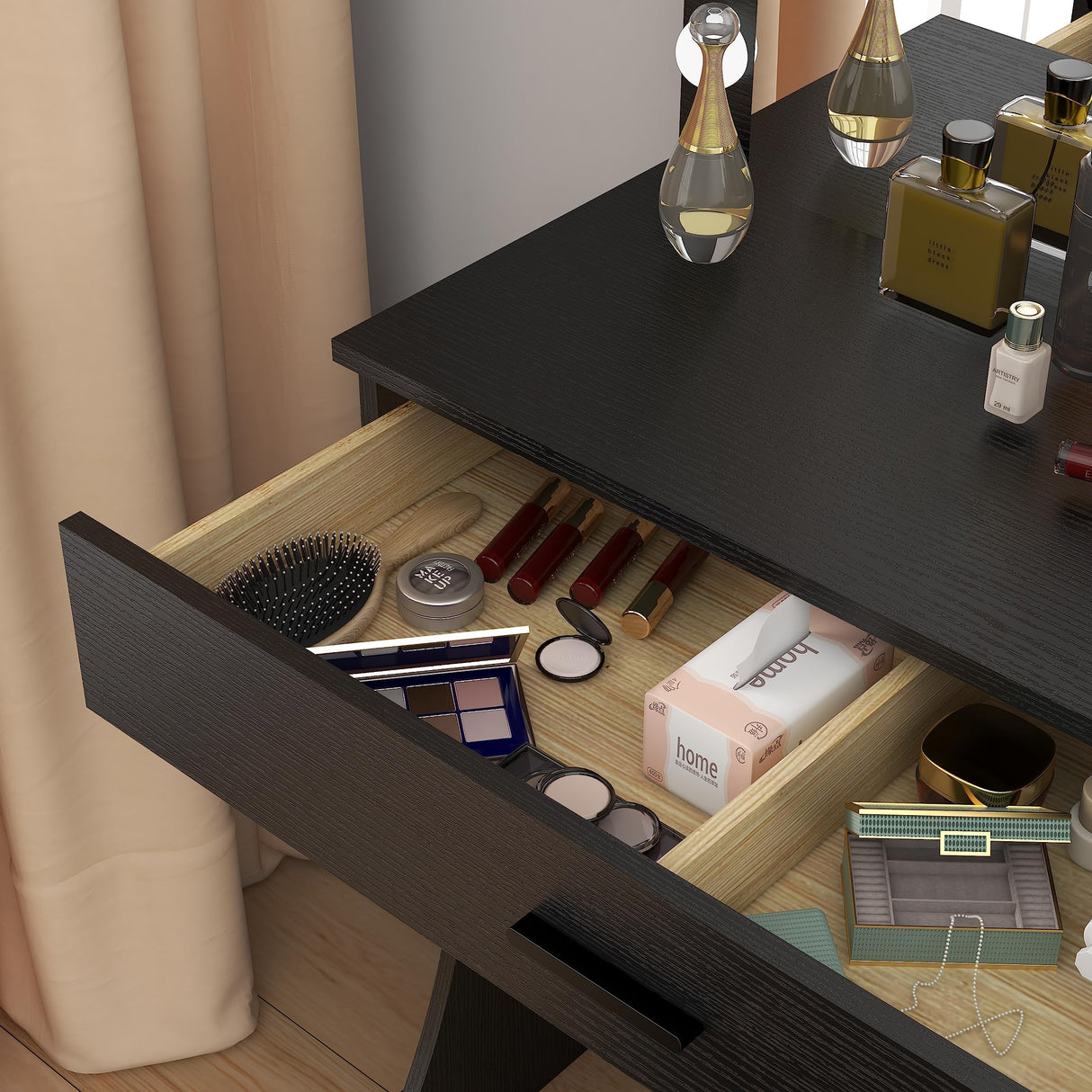 Vanity Desk with Mirror and Lights, Vanity Set Makeup Vanity Table with Adjustable Lights One Drawer Storage Makeup Table with Stool Vanity Desk for Bedroom (Black) Panana