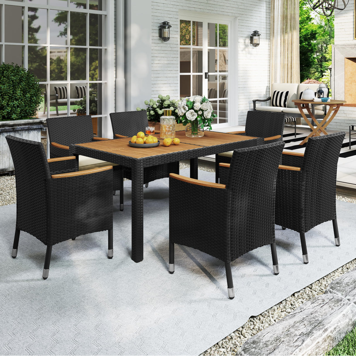 Yaheetech 7 Piece Patio Furniture Set, Outdoor Dining Acacia Wood Table Top Rattan Conversation Set with Soft Cushions, 6 Chairs & 1 Table for Backyard, Deck, Garden & Yard, Black/Beige Yaheetech