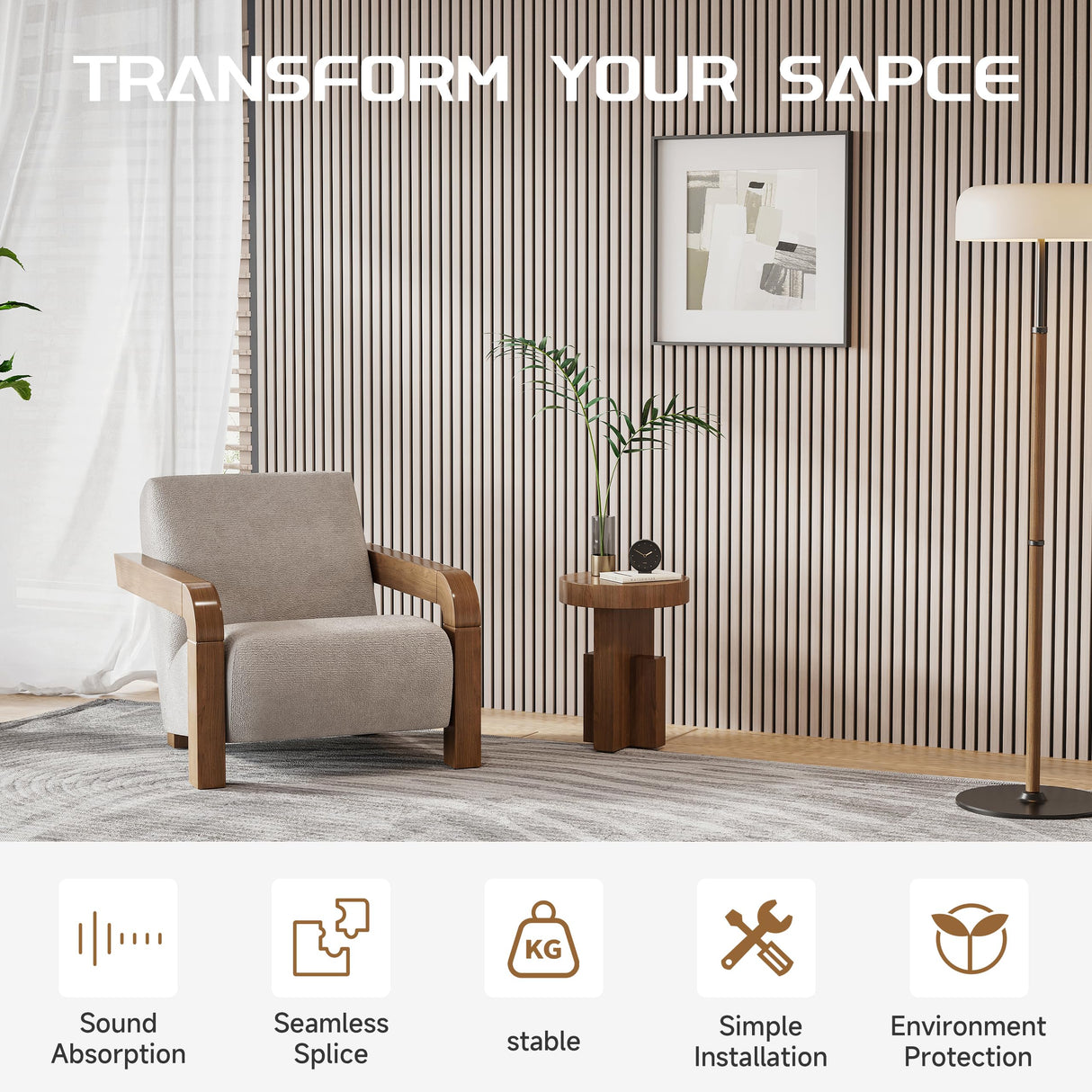 POHARE Wood Slat Wall Panels, 2 Pack 8 x 1 ft Decorative Wood Panels for Wall,Stylish Wall Panels for Interior Wall Decor, Modern Acoustic Wood Wall Panels with Felt Backing, Natural POHARE