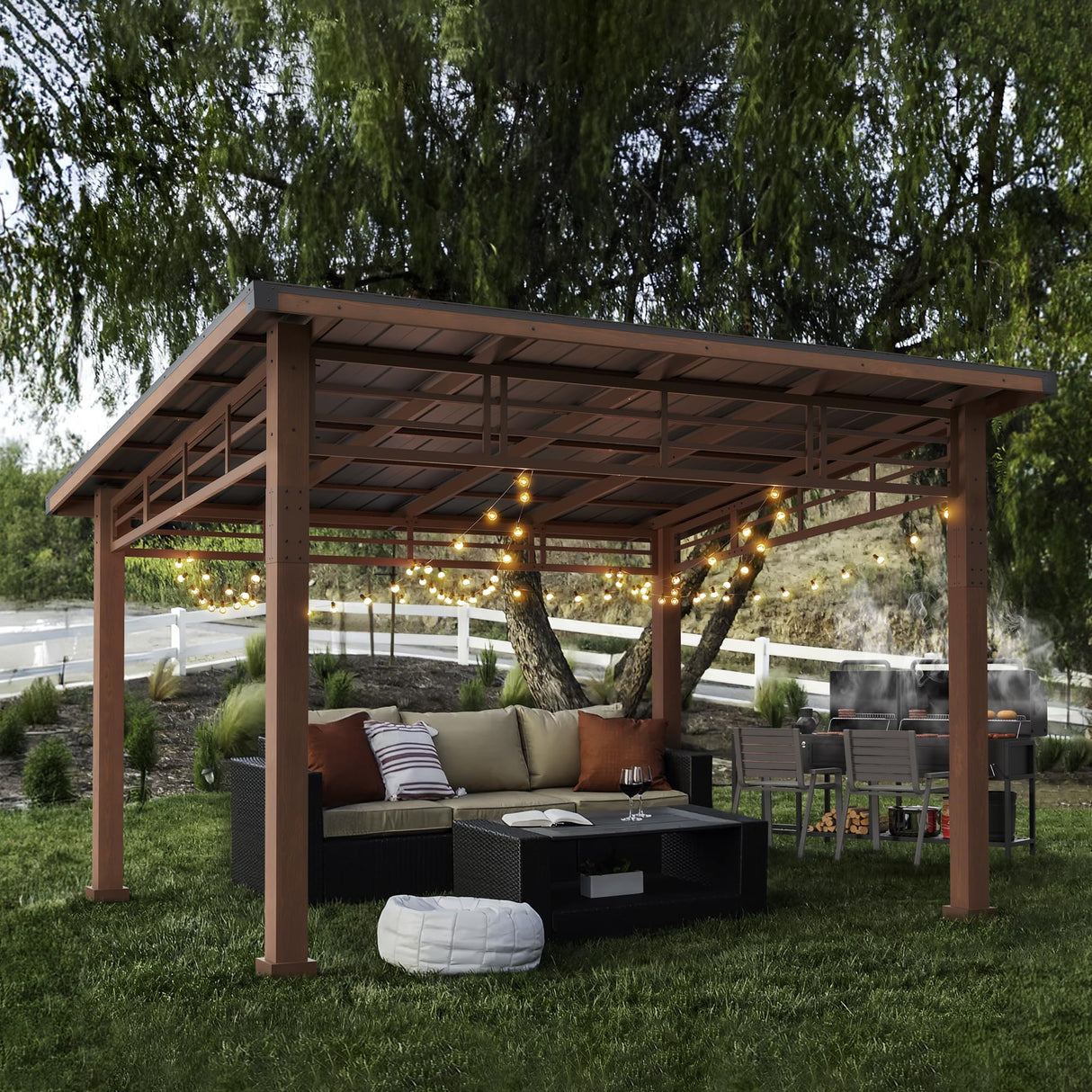 LUE BONA 12x14 Hardtop Gazebo, Outdoor Pergola Metal Roof Gazebo with Wooden Frame, Patio Gazebo Canopy with Curtains, Permanent Pavilion Grill Gazebo for Deck, Patio, Backyard, Garden LUE BONA