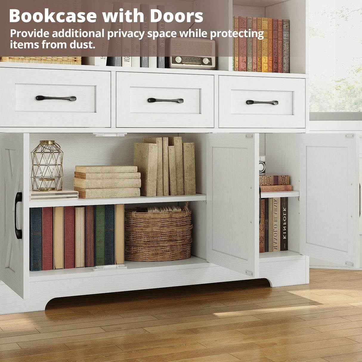 IRONCK Bookshelf with Drawers & Doors, Tall Bookshelf with Storage, Bookcase with Cabinets for Home Office, Living Room, White IRONCK