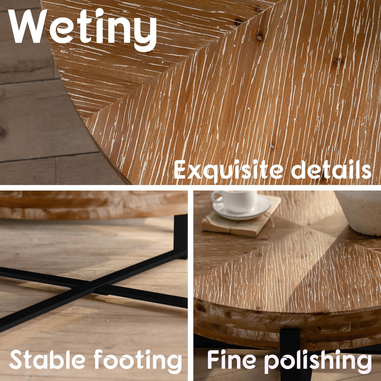 31.29" Modern Retro Splicing Round Coffee Table,Fir Wood Table Top with Black Cross Legs Base Wetiny