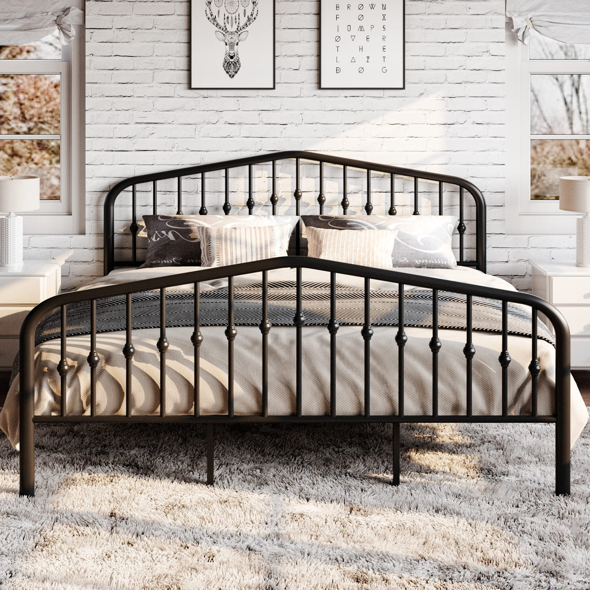 Victorian-Style King Size Metal Platform Bed Frame with Wrought Iron Headboard and Footboard in Black SHA CERLIN