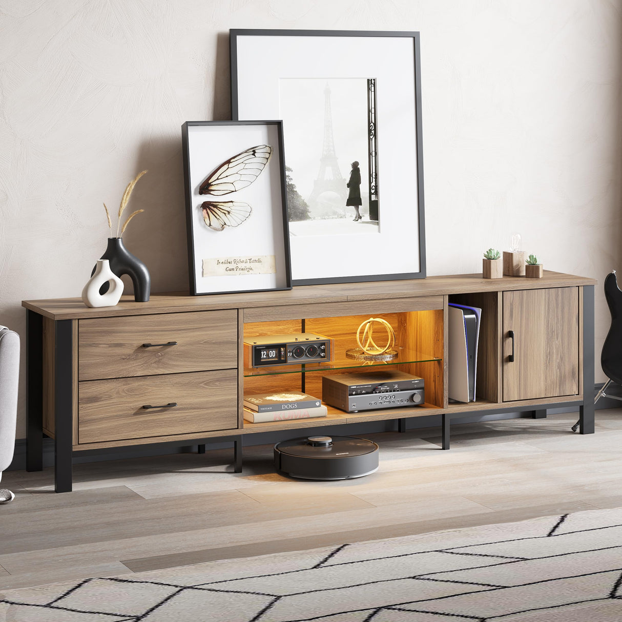 Bestier TV Stand for 75/80/85 inch TV, LED Gaming Entertainment Center, Modern TV Cabinet with Glass Shelves for Living Room, Media Console with 2 Storage Drawers & Cabinets for Bedroom, Pinewood Bestier