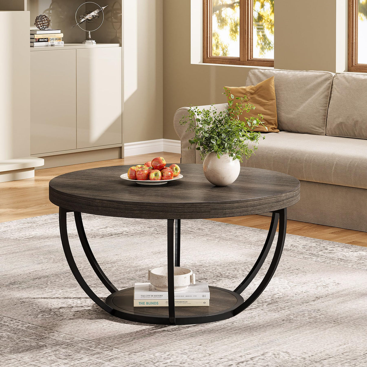 Tribesigns Round Coffee Table, 31.7" Wooden 2-Tier Circle Coffee Table with Storage Shelves, Modern Accent Cocktail Table Center Table for Living Room, Grey