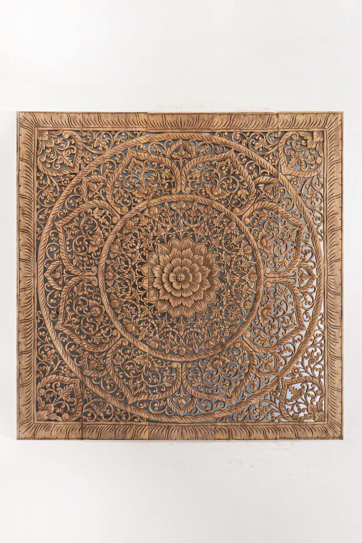 Queen Wood Carved Mandala Headbaord, Handcrafted Bedroom Furniture in Reclaim Teak, Durable Wall Art Hanging from Thailand, Stained in Brown, 60 in Siam Sawadee