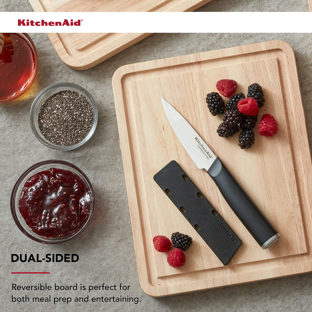 KitchenAid Classic Rubberwood Cutting Board with Perimeter Trench, Reversible Chopping Board, 8-inch x 10-Inch, Natural KitchenAid