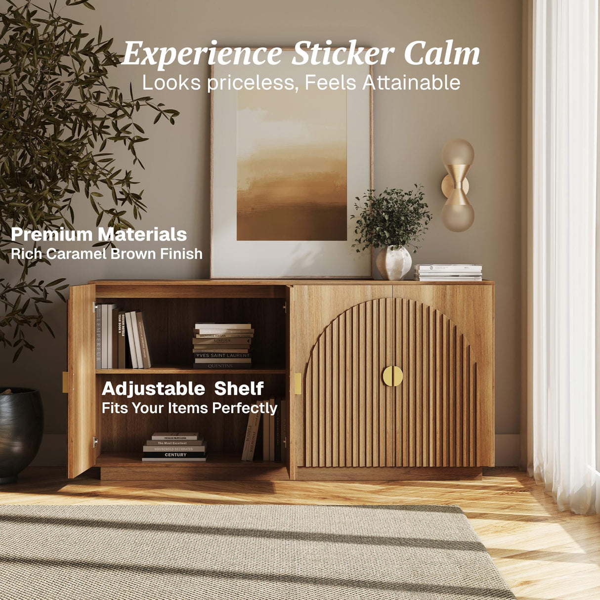 BELLEZE 65 Inch Fluted Buffet Cabinet with Storage, Symmetrical Arc Accent Sideboard Large Console Table for Dining Room, Kitchen, and Living Room (Caramel Brown) BELLEZE