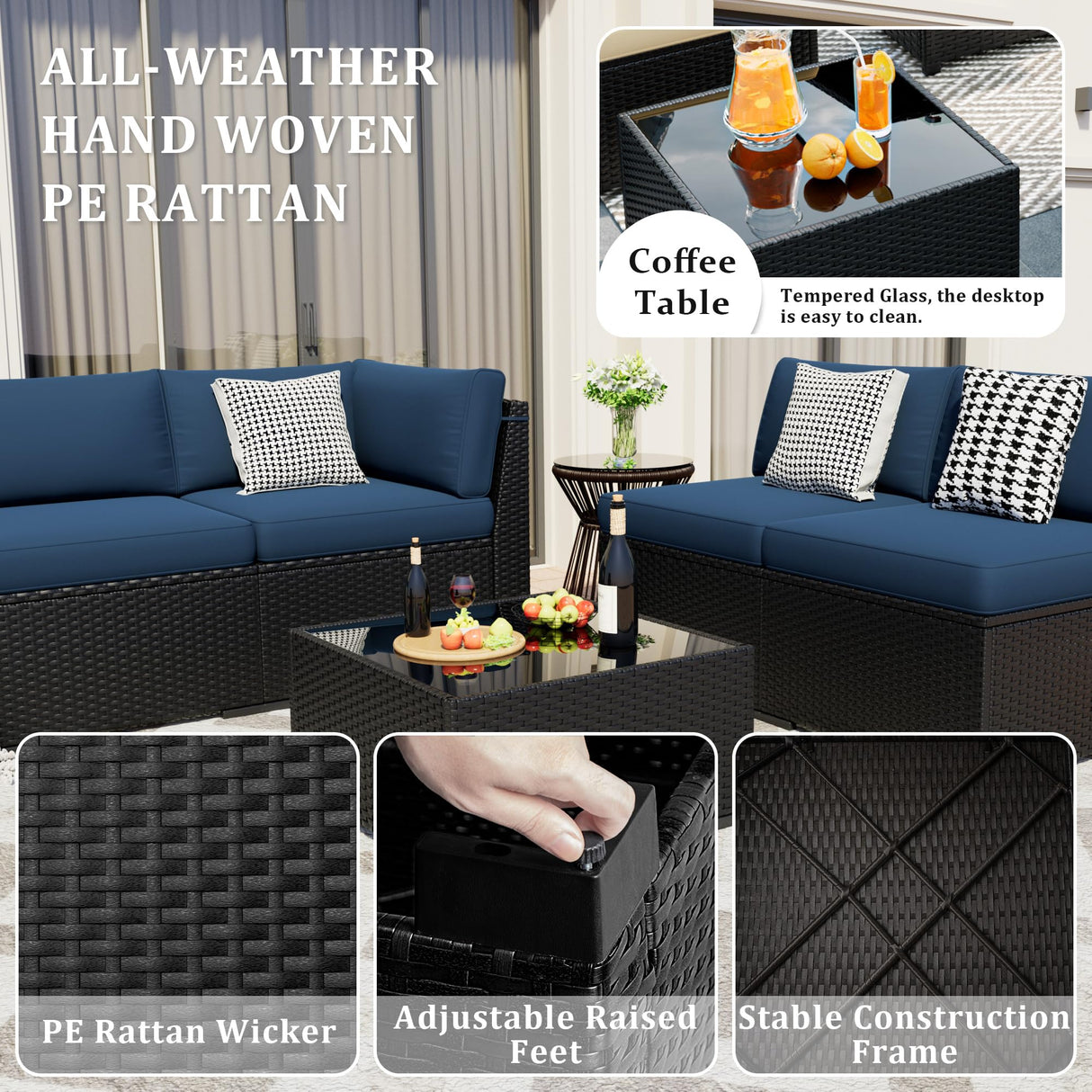 VONZOY 8 Pieces Outdoor Patio Furniture Set with 44" Fire Pit Table Black Rattan Sectional Conversation Sets w/Gas Fire Pit, Coffee Table, 2 Waterproof Covers, Navy Blue VONZOY