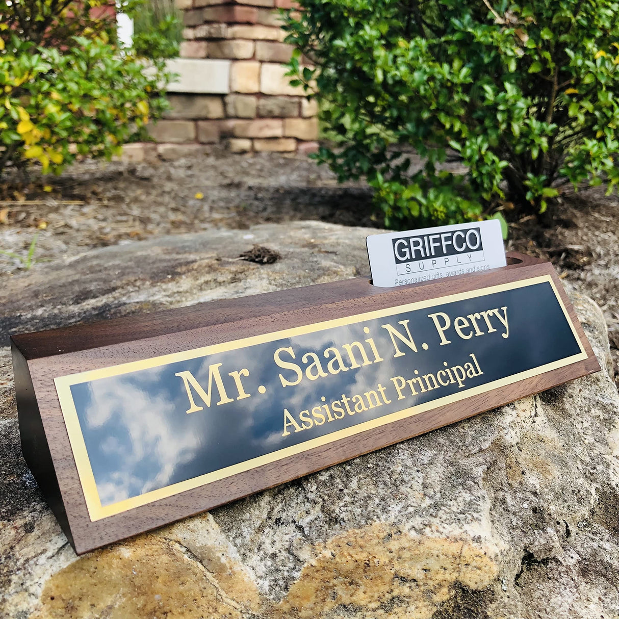 Personalized 10" Walnut Business Desk Name Plate with Card Holder-Free Engraving Griffco Supply