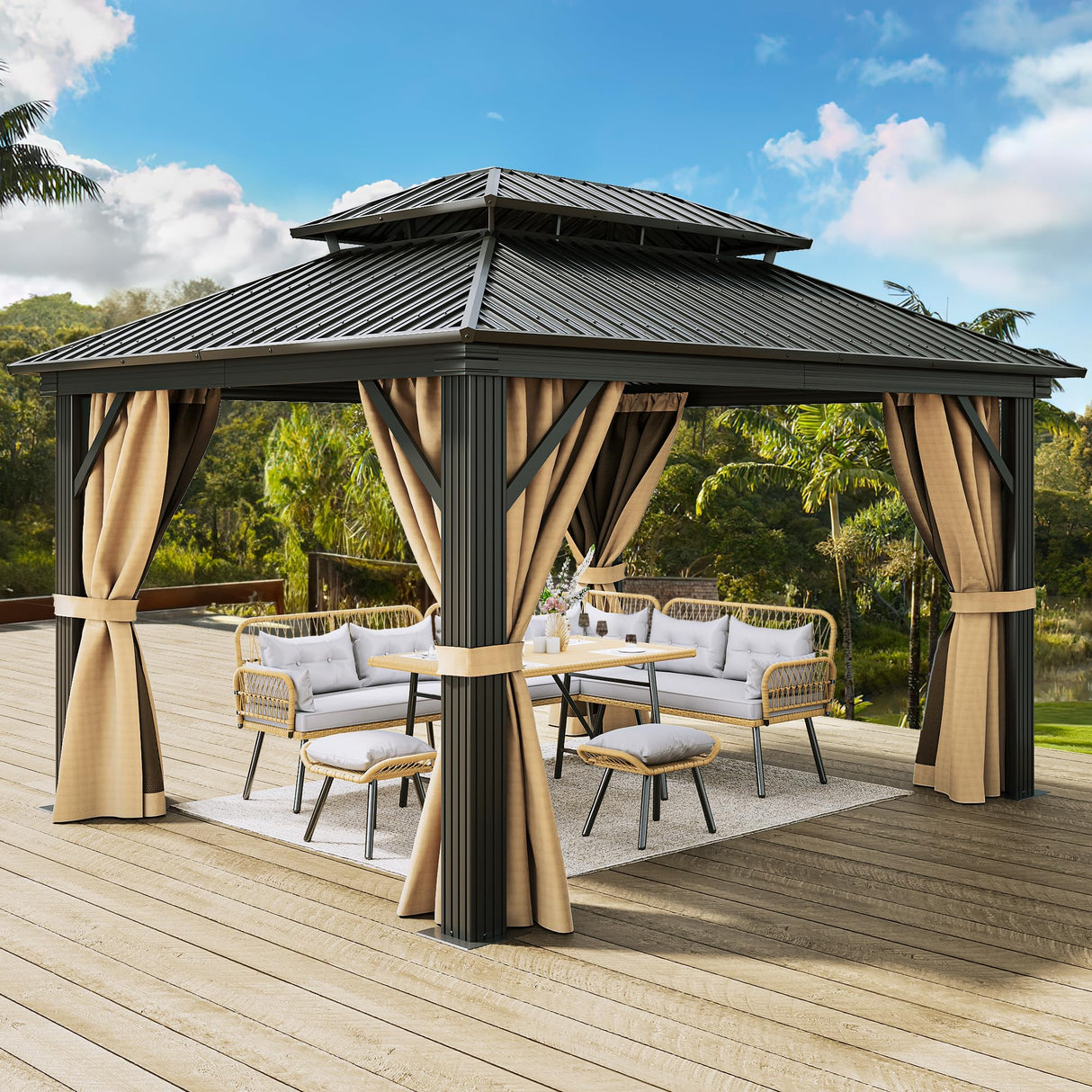 DWVO 12x14ft Hardtop Gazebo Double Roof with Nettings and Curtains, Heavy Duty Galvanized Steel Outdoor Vertical Stripes Roof for Patio, Backyard, Deck, Lawns, Brown DWVO