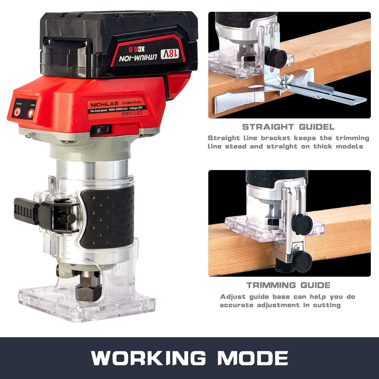 Nichilas Cordless Trimmer Routers for Milwaukee M18 Battery, Woodworking Joiner, Cutting Palmming Tool 6 Speed Adjustable, LED Light, 1/4" Collet with Guide Ruler and Wheel Nichilas