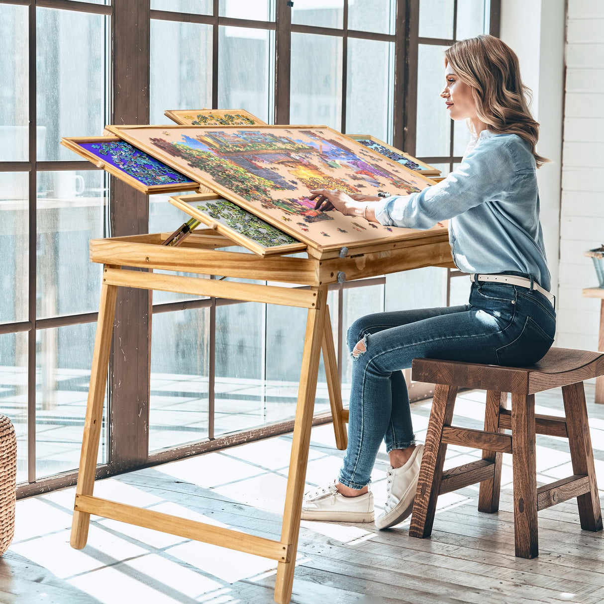 Sancallie Jigsaw Puzzle Table Storage Portable Folding Tilting Table with 5 Drawer for 1500 pcs Play Table with Non-Slip Surface Mat & Dust-proof Cover for Adults Kids Boy Girl Gift for Puzzle Amateur Sancallie