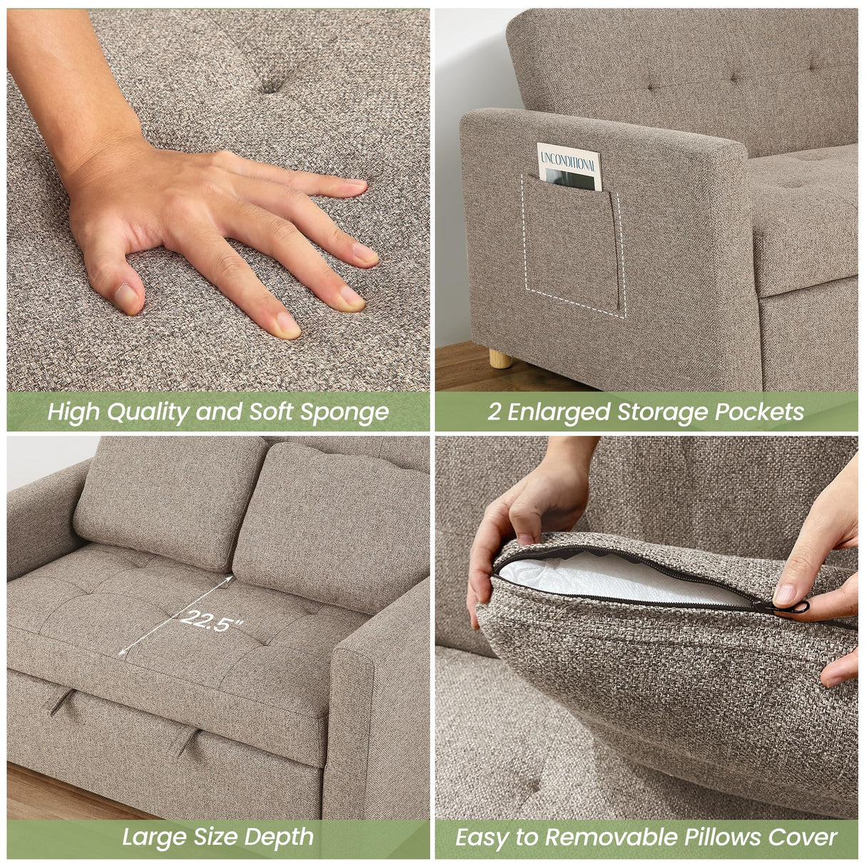 SEJOV 3-in-1 Convertible Sofa Bed, Linen Fabric Sleeper Couch Pull Out Bed, 49" 2-Seater Loveseat Futon Sofa with Spring Support, Adjustable Backrest and Pillows for Small Spaces, Living Room SEJOV