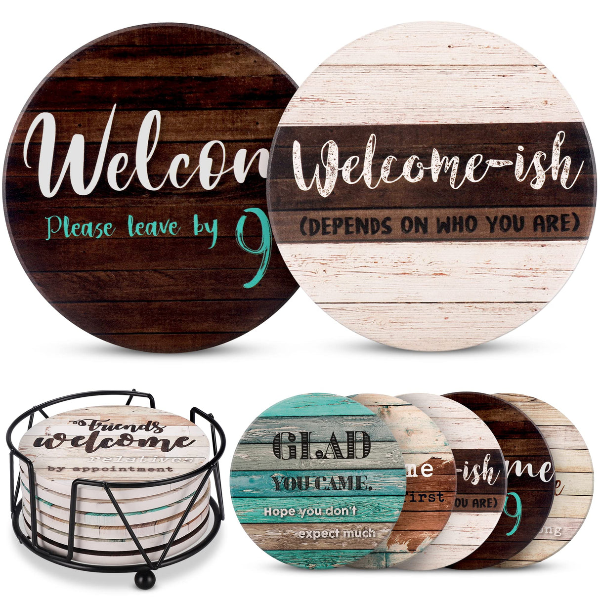 Funny Coasters - House Warming Gifts New Home - Housewarming Gifts for Women, Men, Couple, New Homeowner - Farmhouse Bar Coasters for Drinks with Holder - First Apartment Essentials Ultimate Hostess