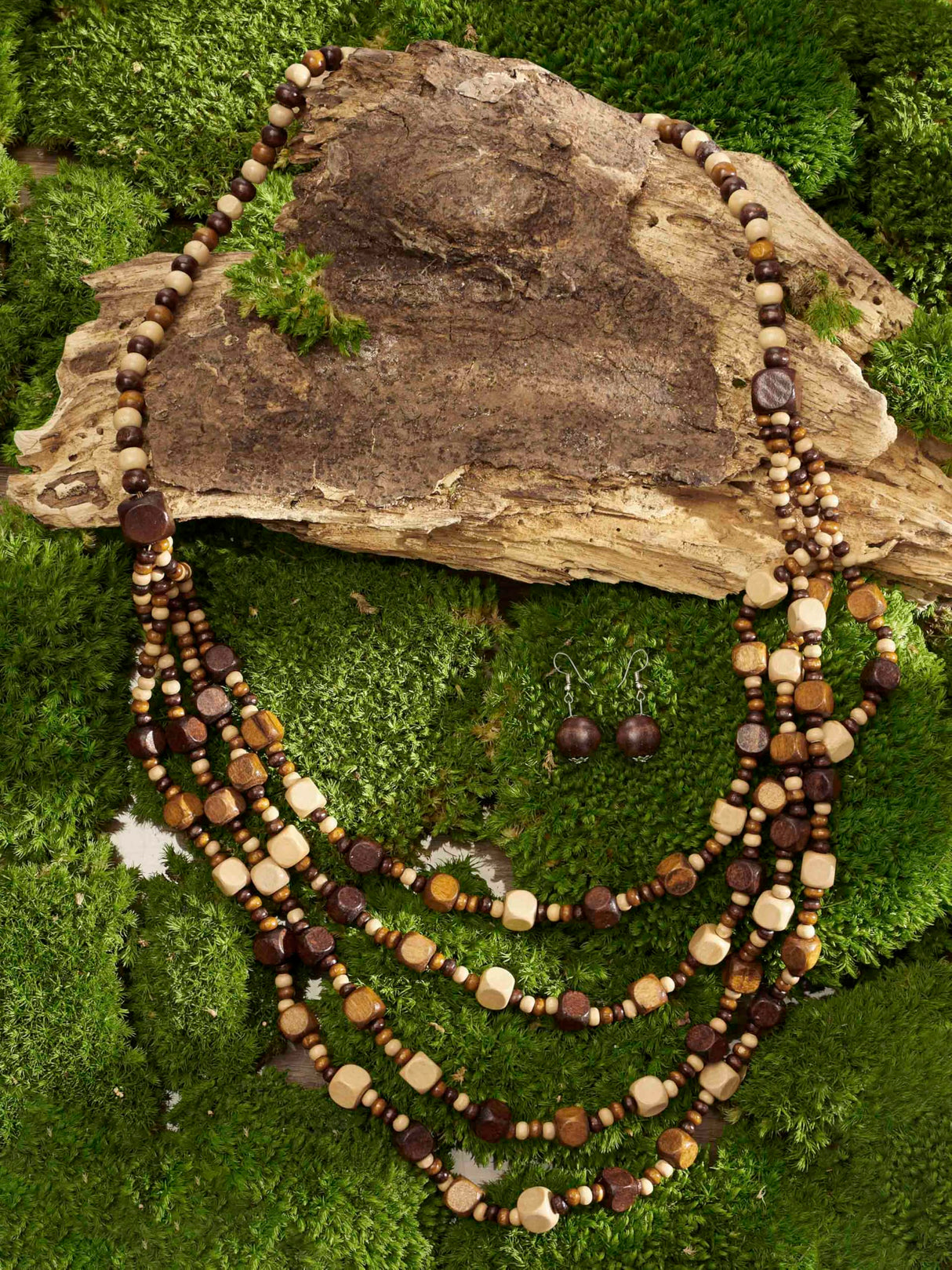 MINACHI Vintage Retro Wooden Beaded Multi Layered Long Necklace with Bonus Earrings, Women's Gift MINACHI