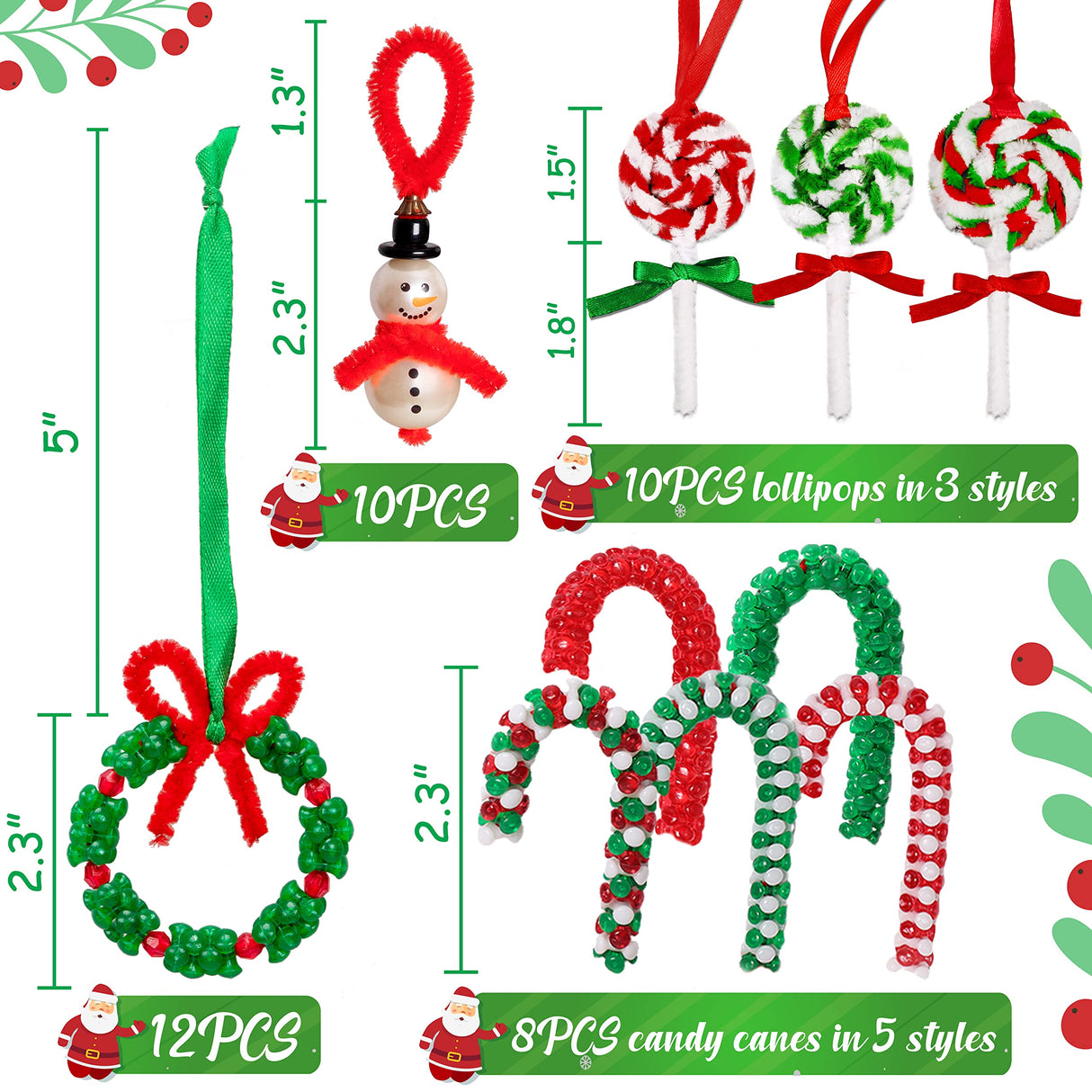 40PCS Christmas Crafts for Kids Beaded Ornament Kit - Including 10 PCS Snowman,12 PCS Wreath,8PCS Candy Cane,10PCS Lollipop, Xmas Holiday Party Tree Favor Decorations luck sea
