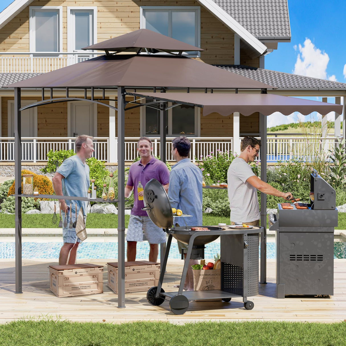 Decomax 8'X8' Grill Gazebo Canopy - Heavy Duty Steel Frame, Double Tiered Grill Canopy for Outdoor Grill W/Shelves, Ceiling Hooks and Ground Stakes, Outdoor Patio Canopy Tent BBQ Gazebo for Backyard Decomax